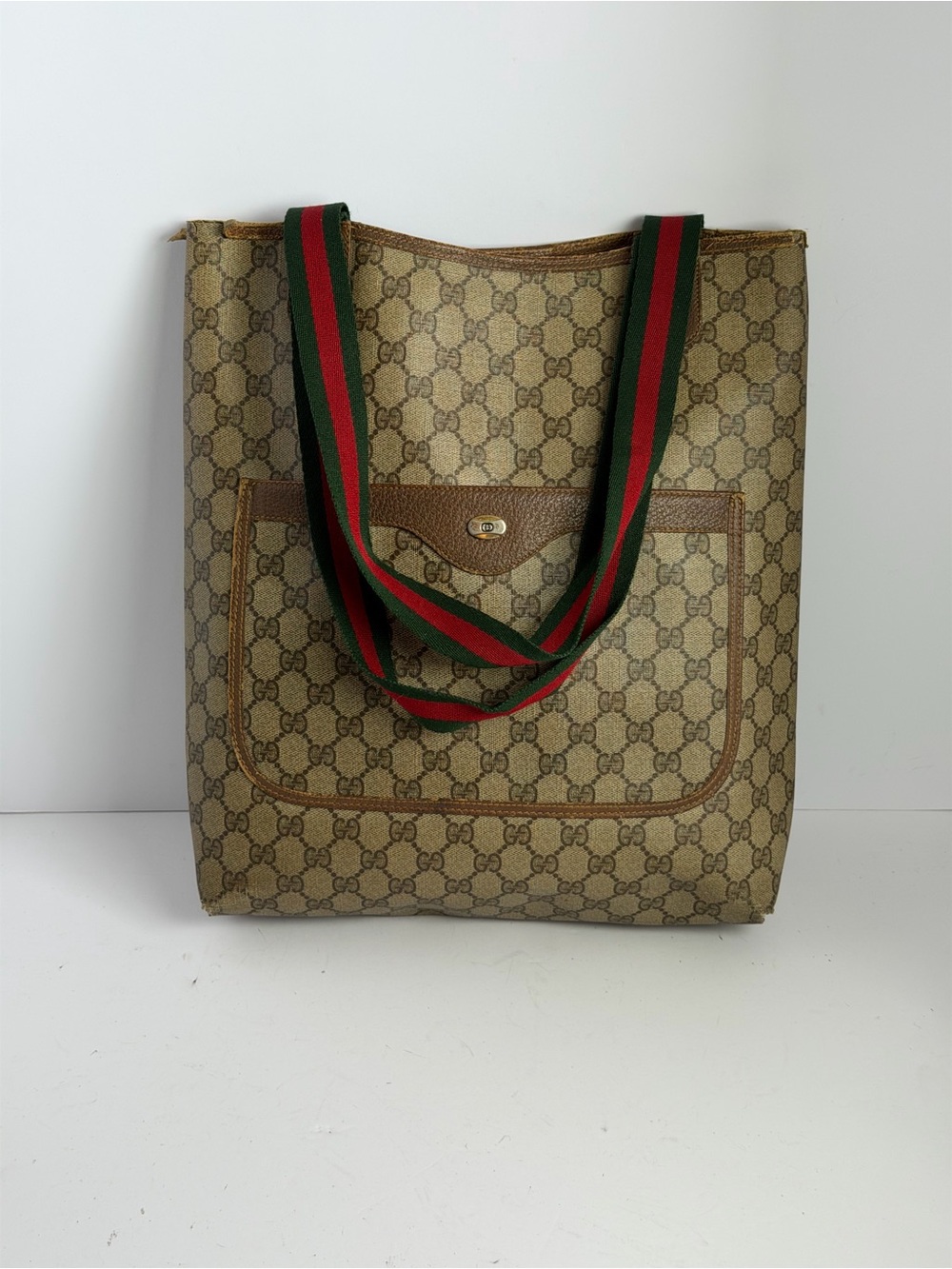 Gucci GG Supreme Monogram Canvas Tote Bag Sherry Web Stripe Handles